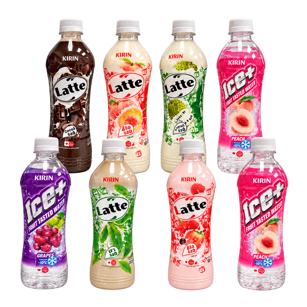 Kirin bottled drinks assortment showing latte and fruit-flavored water bottles