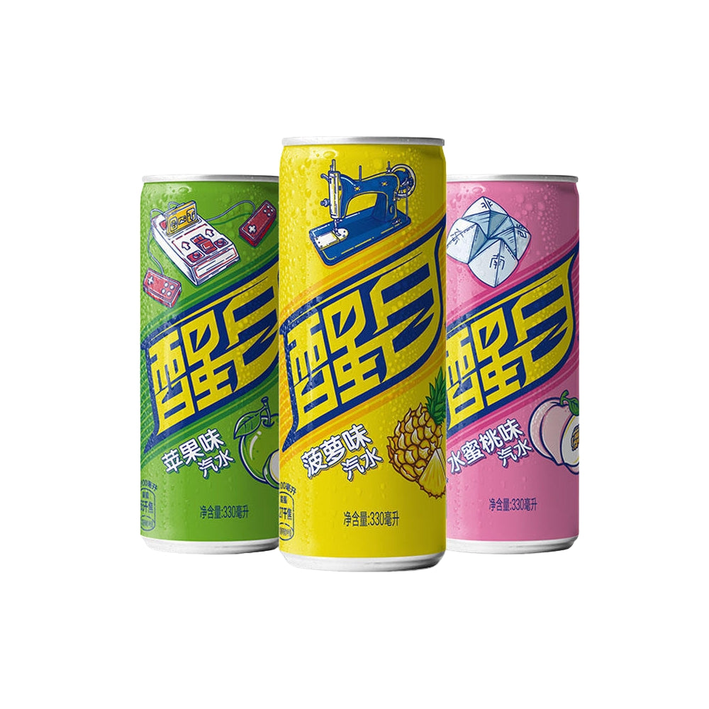 Xingmu Chinese Novelty Soda Variety Pack – Apple, Pineapple & White Peach Sparkling Drinks, 3 x 330ml Cans