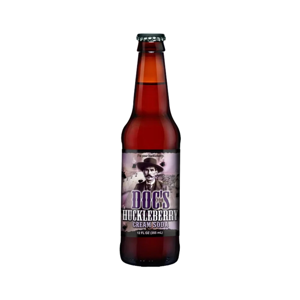 Doc's Huckleberry Cream Soda 12 oz amber glass bottle with Wild West label, front view Main image