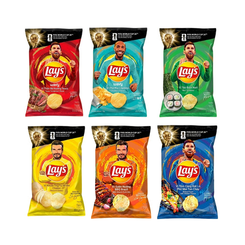 Lay's Vietnam FIFA World Cup 26™ Chips – 6-Flavor Variety Pack | Texas Steak, Cheddar, Nori Seaweed, Natural Classic, BBQ Pork Rib & Baked Prawn