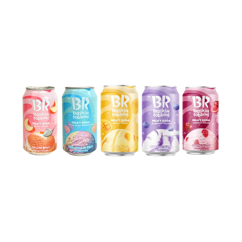 Baskin-Robbins Milky Soda Korean Canned Drink – 5-Flavor Variety Pack | Peach Yogurt, Cotton Candy, Mango Tango, Blueberry Yogurt, Cherries Jubilee (350ml)
