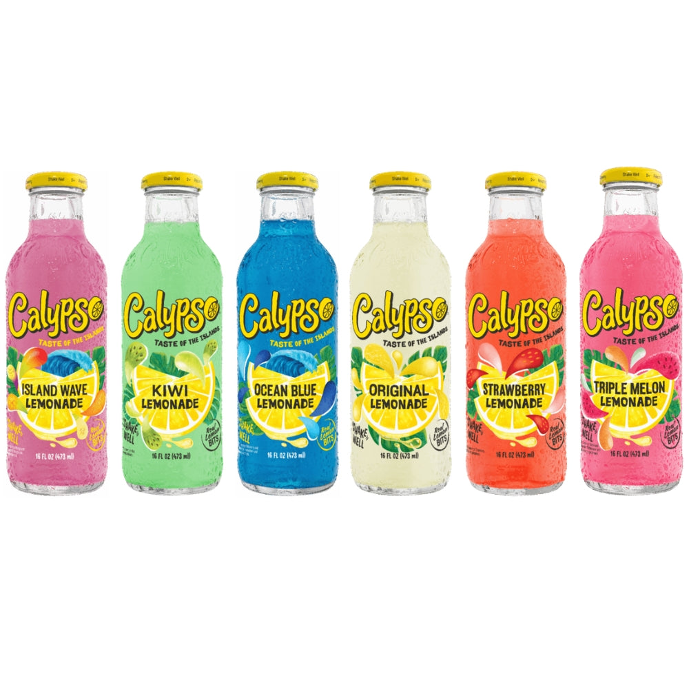 Calypso Lemonade Variety Pack – all 6 flavors in 16 fl oz glass bottles lined up on white background Main image