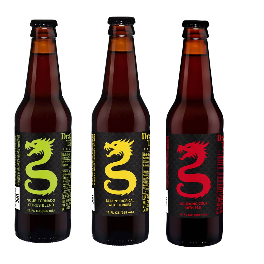 Dragon Tail Energy Sour Tornado Citrus Blend 12 oz amber glass bottle with green dragon label