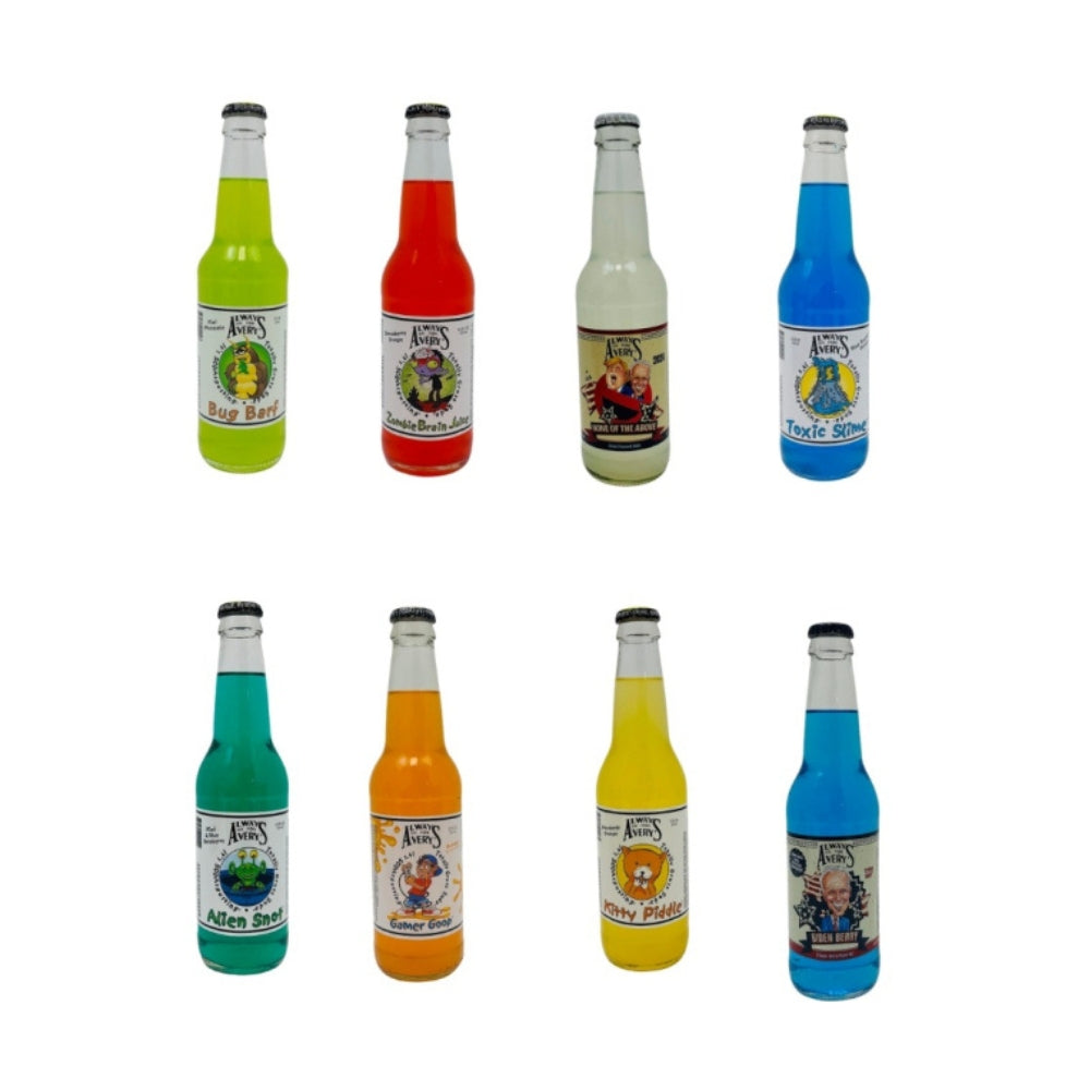 Avery's exotic soda variety pack — 8 novelty flavored bottles including Bug Barf, Zombie Brain Juice, and Toxic Slime Main image