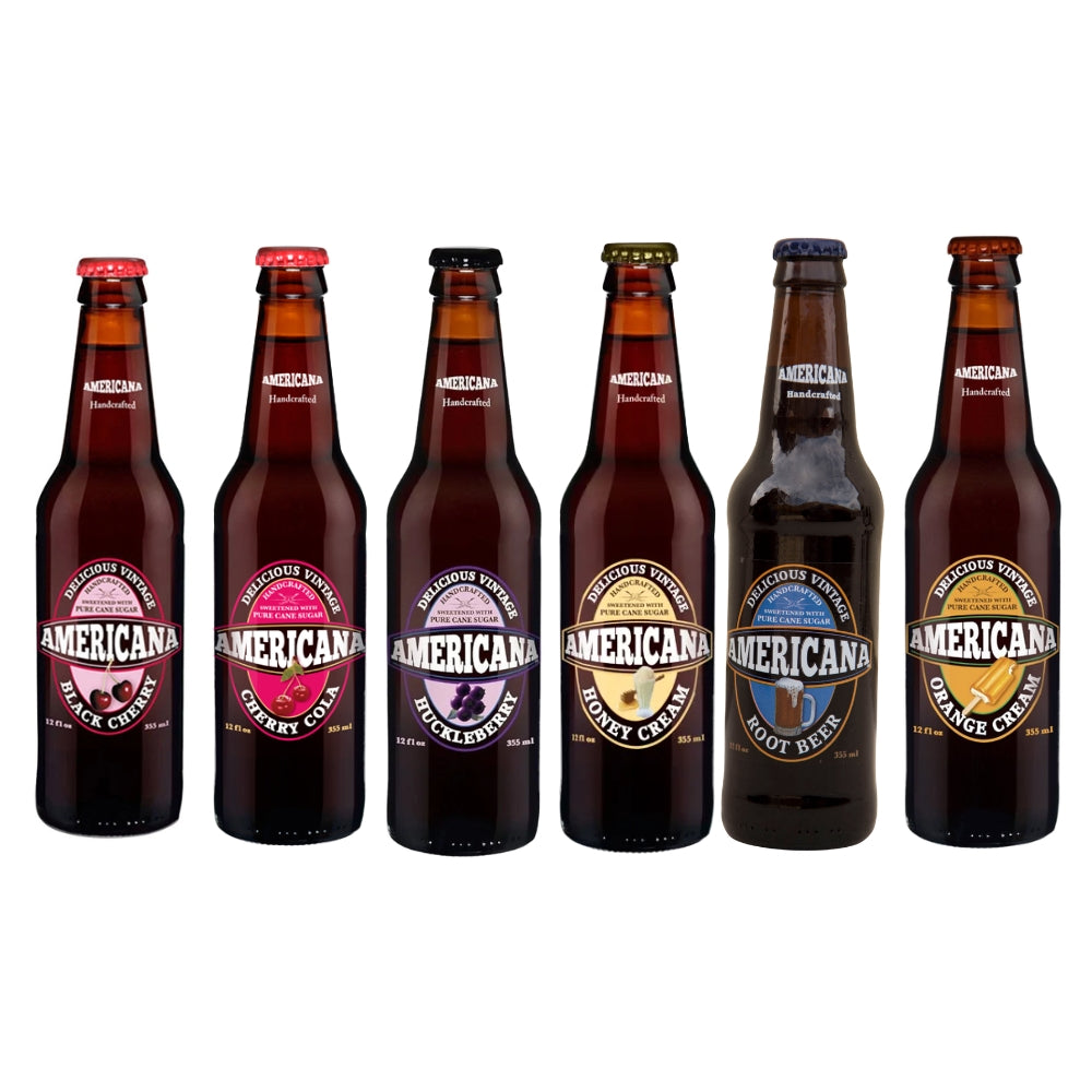 Americana Handcrafted Cane Sugar Soda 6-Flavor Variety Pack — 12 oz glass bottles on white background