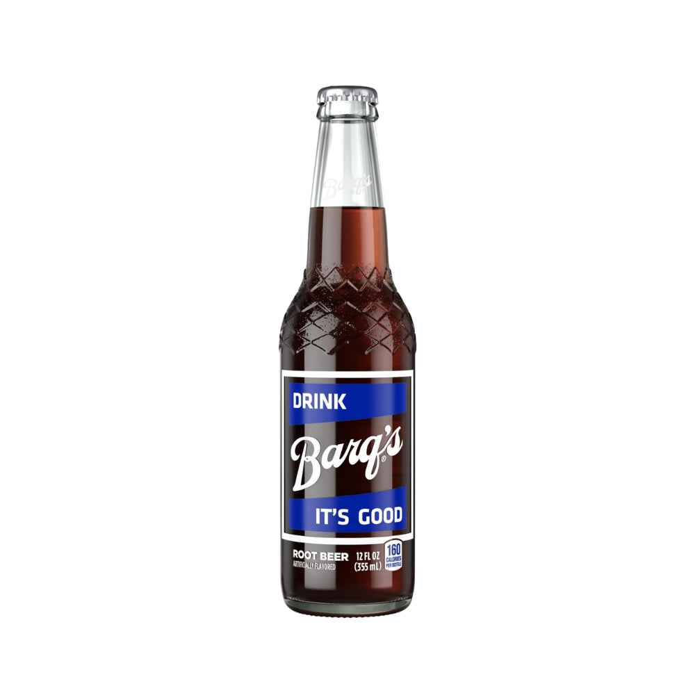 Barq's Root Beer glass bottle 12 oz with blue label showing Drink Barq's It's Good on white background Main image