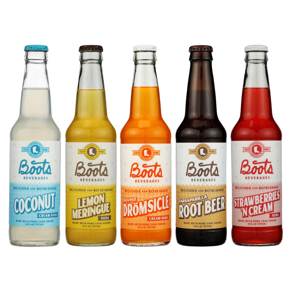 Boots Beverages craft soda variety pack — 5 glass bottle flavors including Coconut, Lemon Meringue, Orange Drömsicle, Root Beer, and Strawberries N Cream Main image