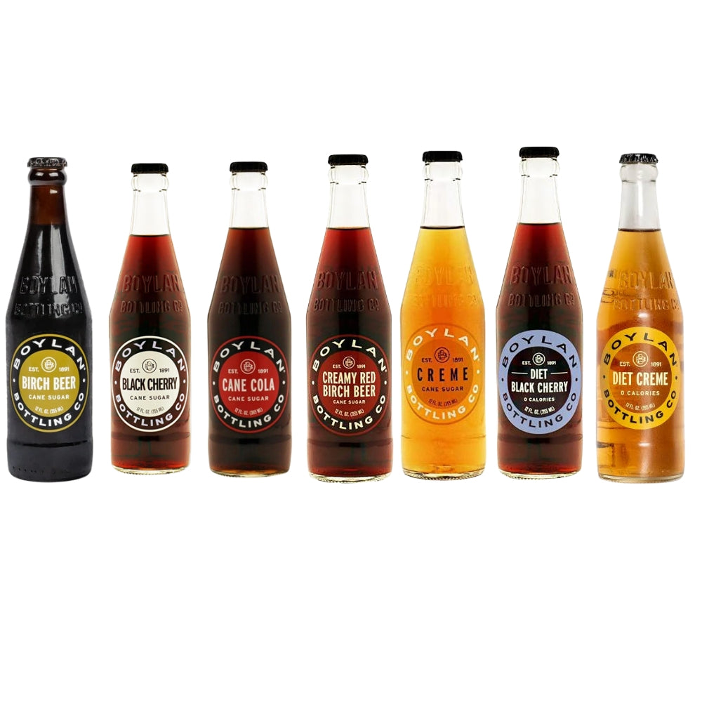 Boylan Bottling Co. cane sugar soda variety pack — 7 flavors in 12 oz embossed glass bottles including Birch Beer, Black Cherry, and Cane Cola
