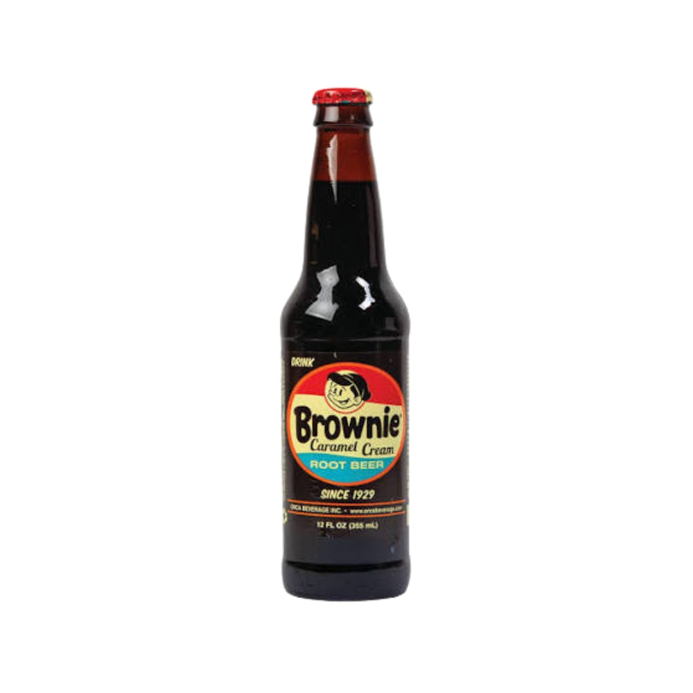 Brownie Caramel Cream Root Beer 12 oz glass bottle with vintage retro label since 1929 Main image