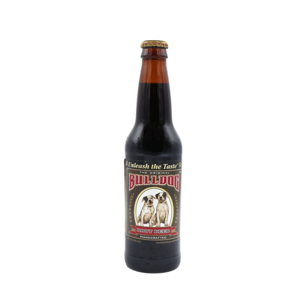 Bulldog Root Beer 12 oz amber glass bottle with handcrafted label featuring two bulldogs Main image