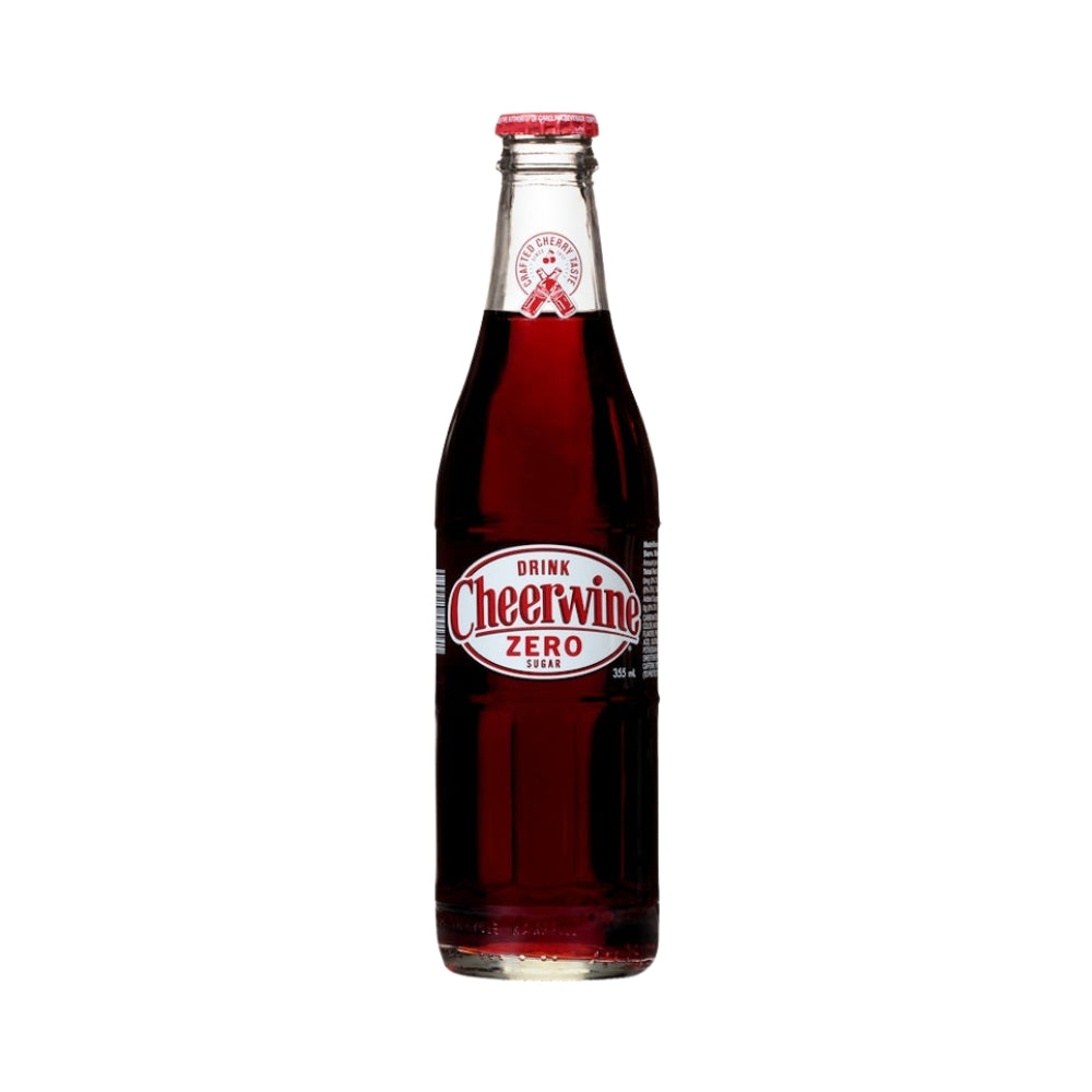 Cheerwine Zero Sugar cherry soda 355ml glass bottle with red cap and classic label, front view Main image