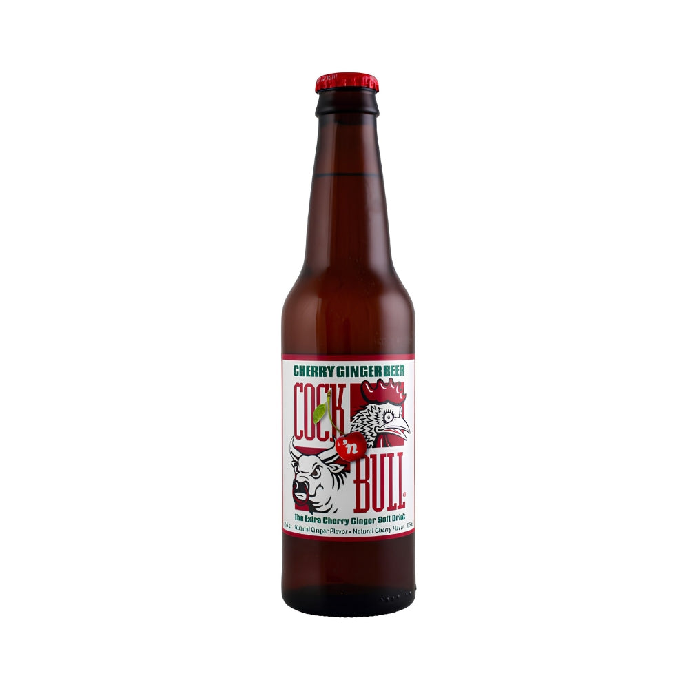 Cock 'n Bull Cherry Ginger Beer 12 oz amber glass bottle with red cap and rooster bull label