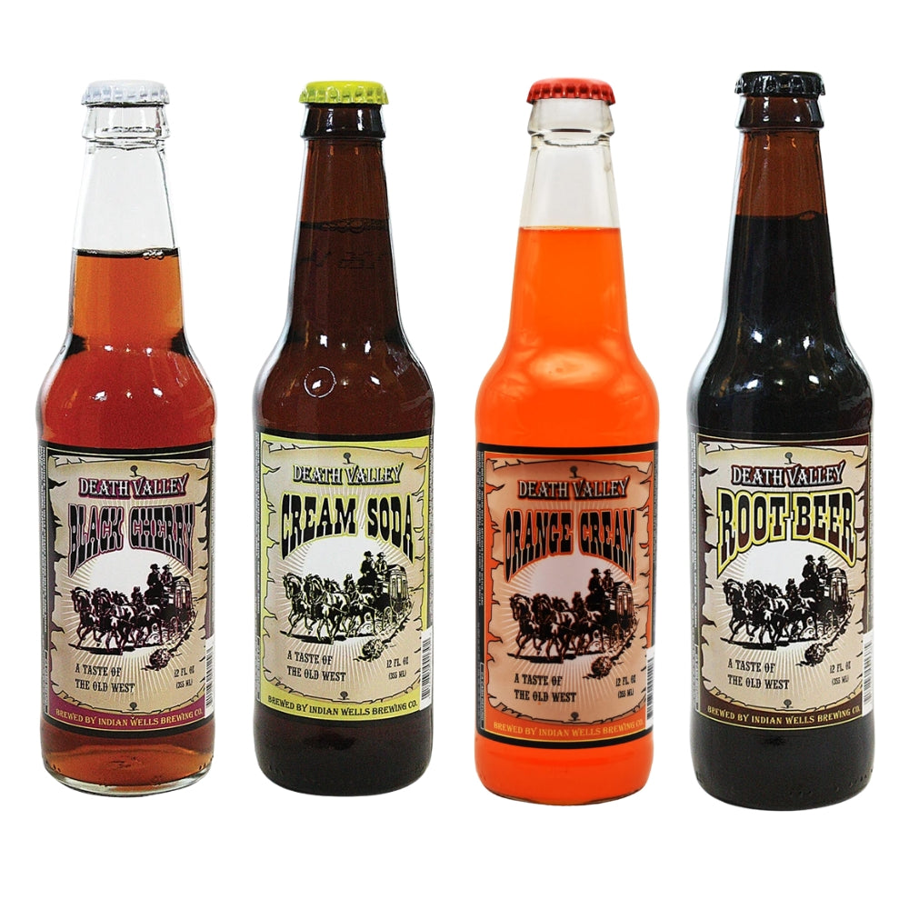 Death Valley soda variety pack — Black Cherry, Cream Soda, Orange Cream, and Root Beer 12 oz glass bottles Main image