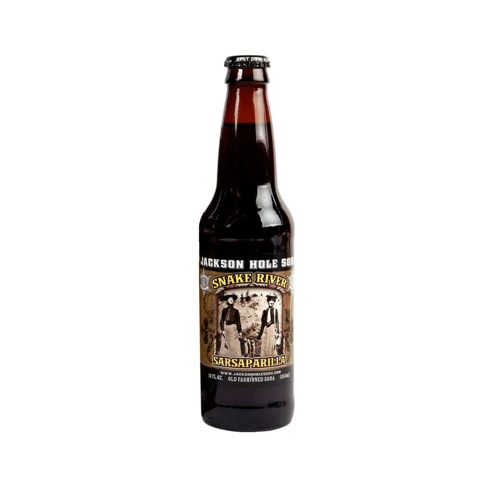 Jackson Hole Snake River Sarsaparilla soda in a 12 fl oz amber glass bottle, front view