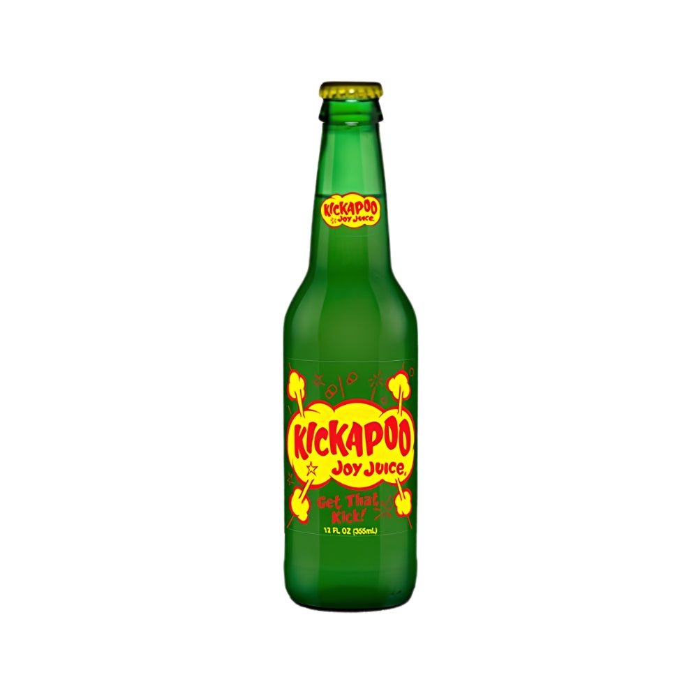Kickapoo Joy Juice soda 12 oz green glass bottle with crown cap, front view