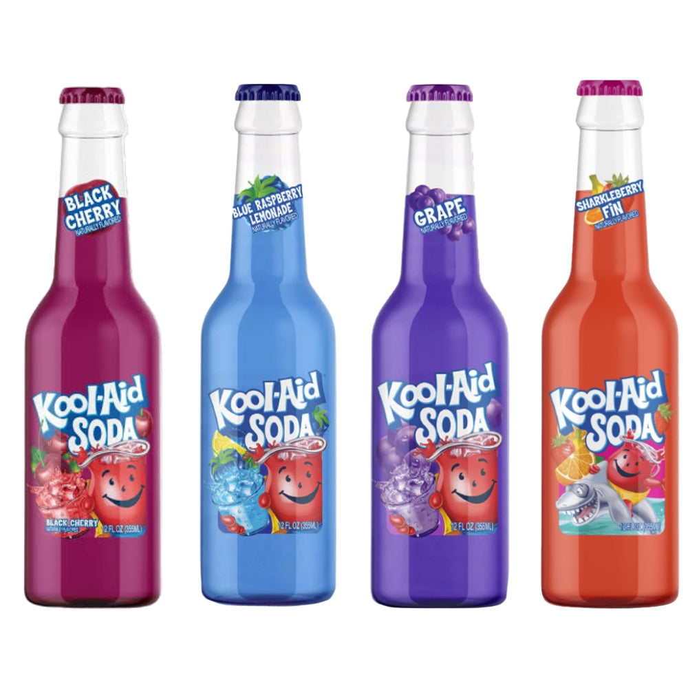 Kool-Aid Soda bottles variety pack — Black Cherry, Blue Raspberry Lemonade, Grape, and Sharkleberry Fin, 12 fl oz glass