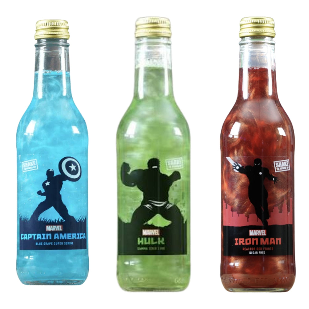 Marvel Avengers exotic soda bottles 3-pack – Captain America, Hulk and Iron Man 330ml glass bottles Main image
