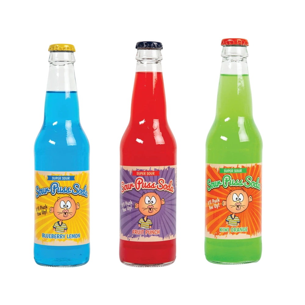 Sour Puss Soda three-flavor variety — Blueberry Lemon, Fruit Punch, and Kiwi Orange super sour soda in 12 oz glass bottles Main image