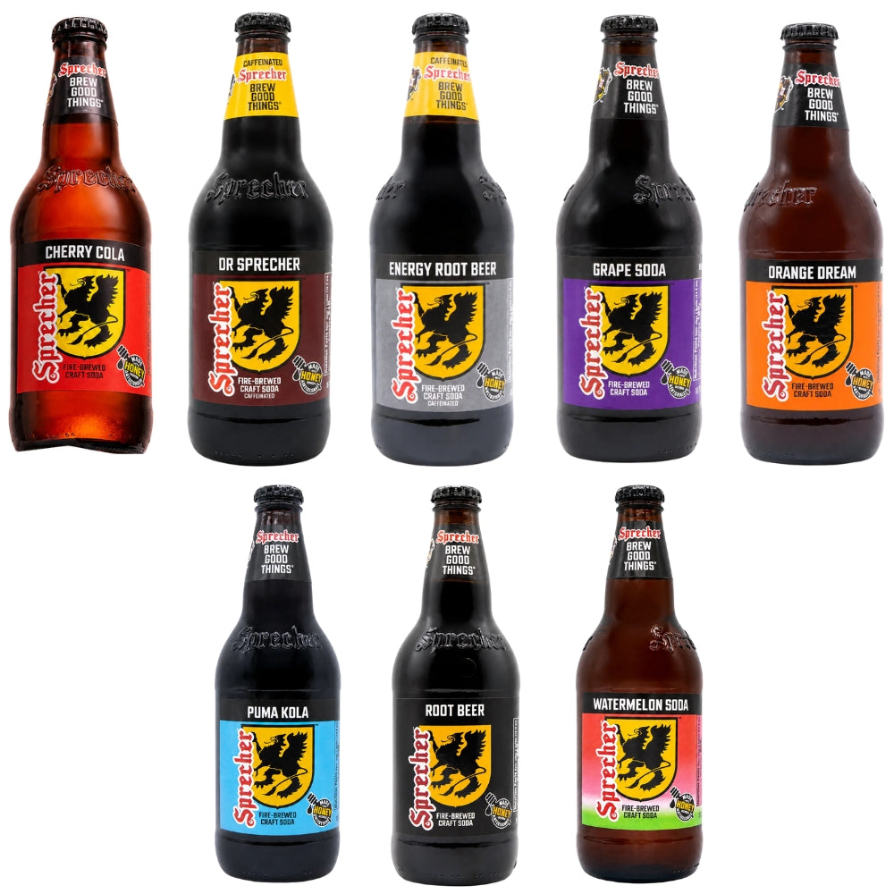 Sprecher craft soda variety pack featuring 8 fire-brewed flavors including Root Beer, Cherry Cola, and Grape Soda