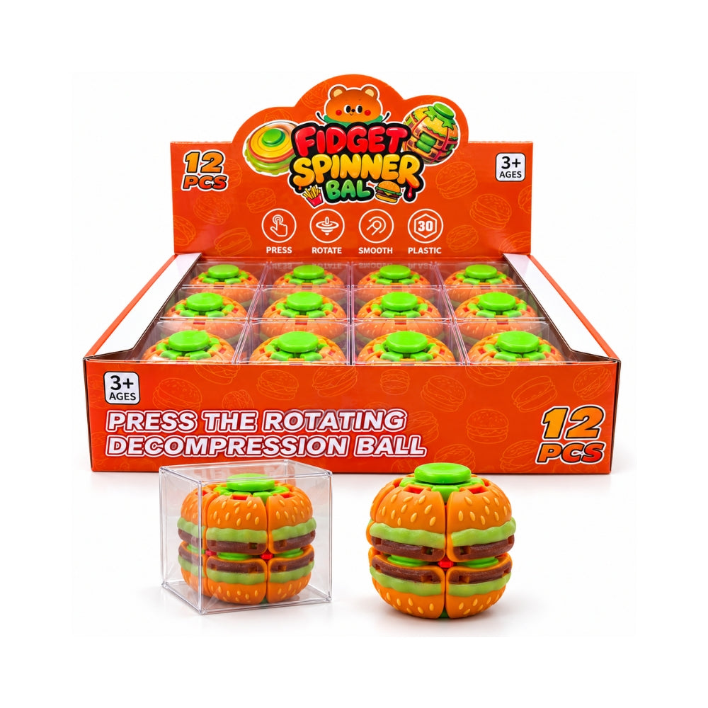 Burger fidget spinner ball with green button and orange bun details beside clear packaging and a 12-piece display