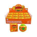 Burger fidget spinner ball with yellow and green accents beside an orange individual box and 12-piece display