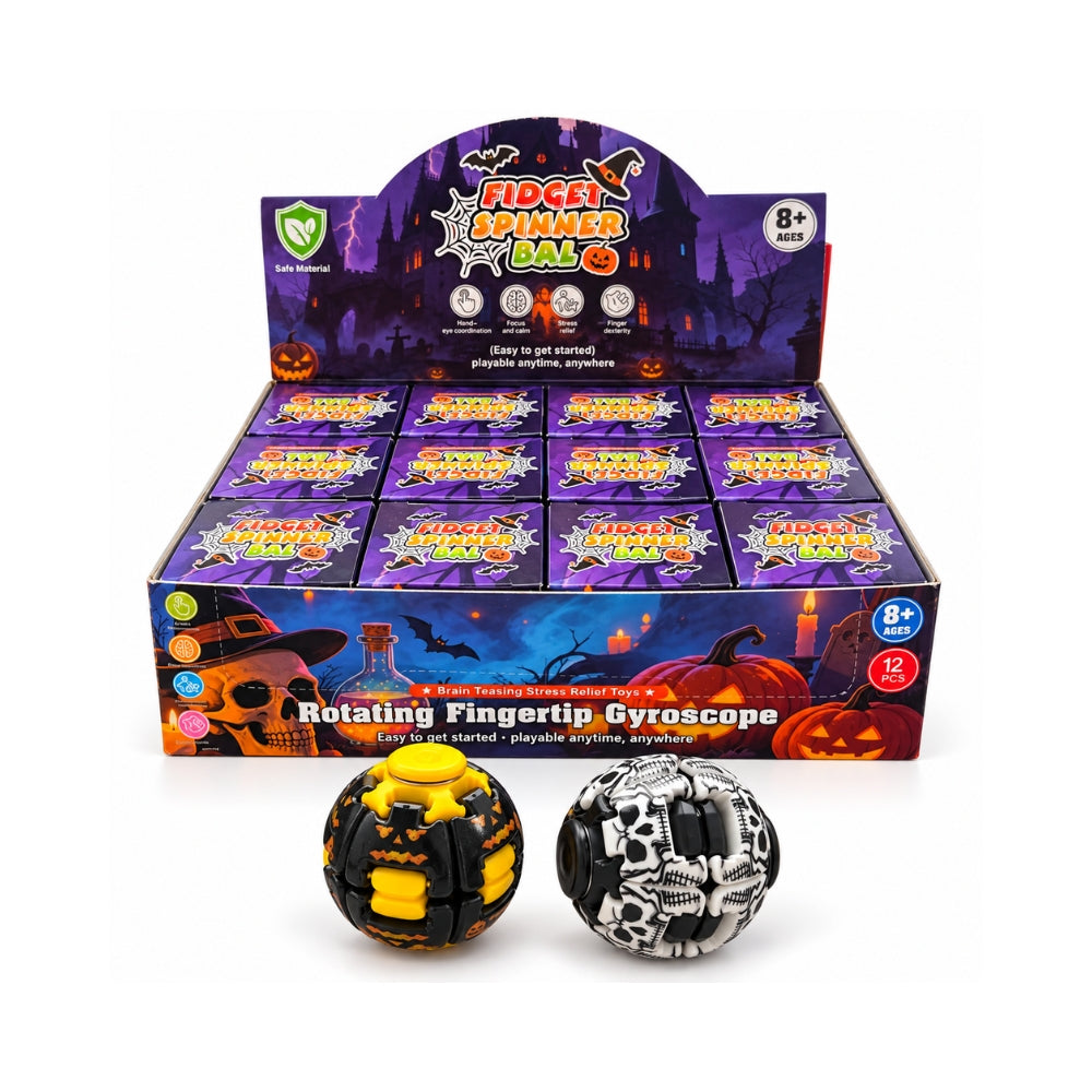 Halloween fidget spinner ball 12-piece purple display box beside black-and-yellow pumpkin and black-and-white skeleton toys