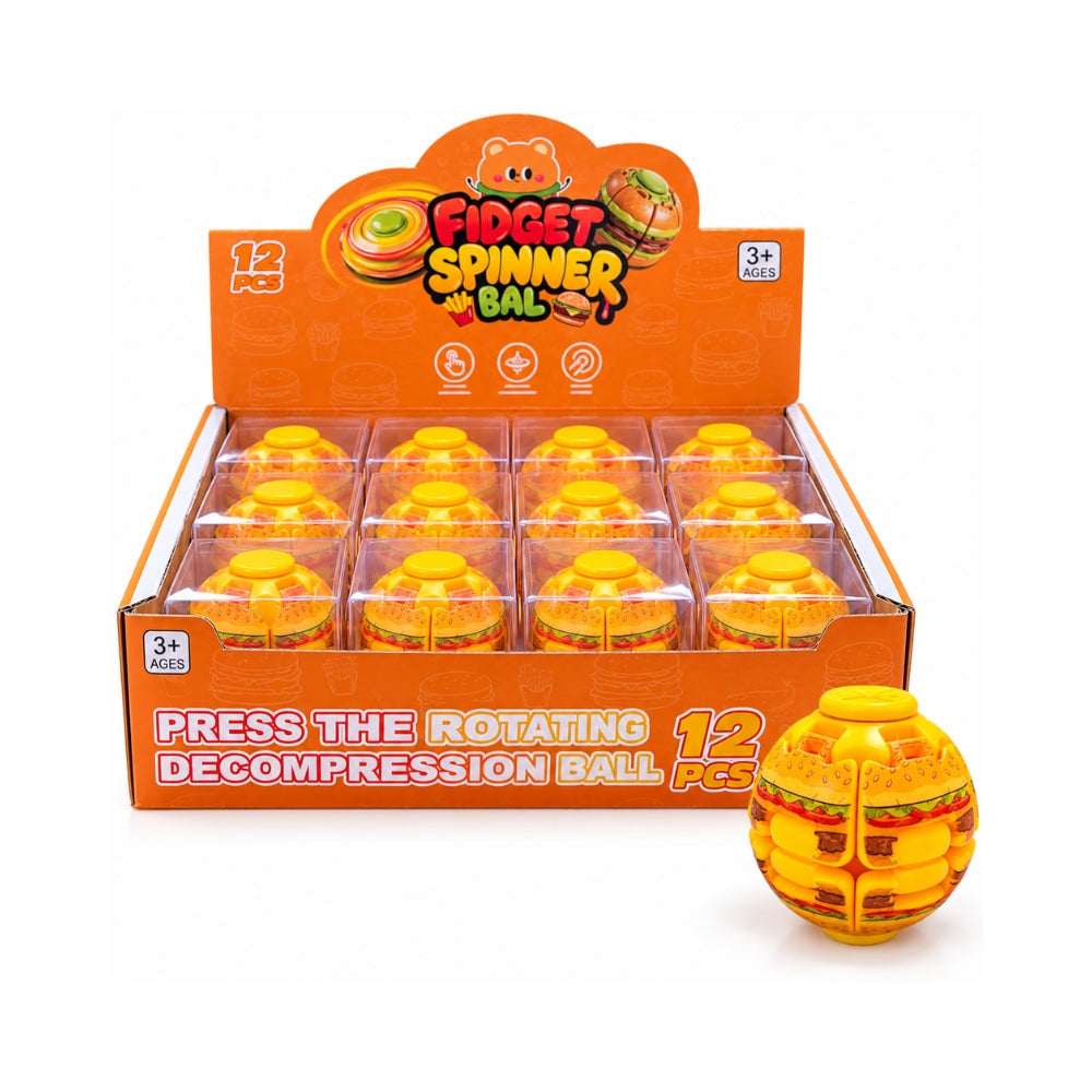 Yellow burger fidget spinner ball beside an orange 12-piece display containing toys in clear individual boxes