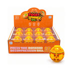 Yellow burger fidget spinner ball beside an orange 12-piece display containing toys in clear individual boxes