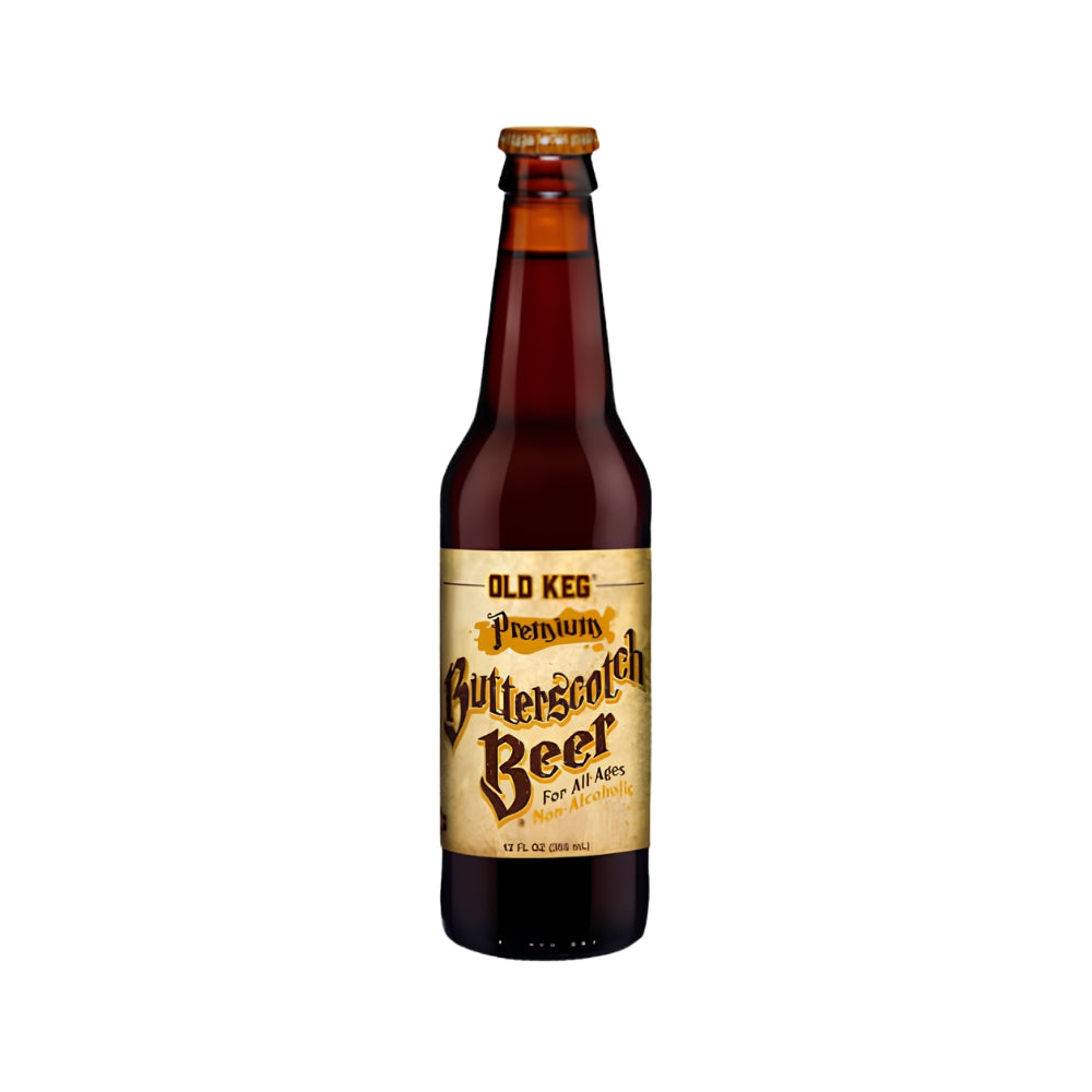 Old Keg Premium Butterscotch Beer non-alcoholic 12 fl oz amber bottle front view