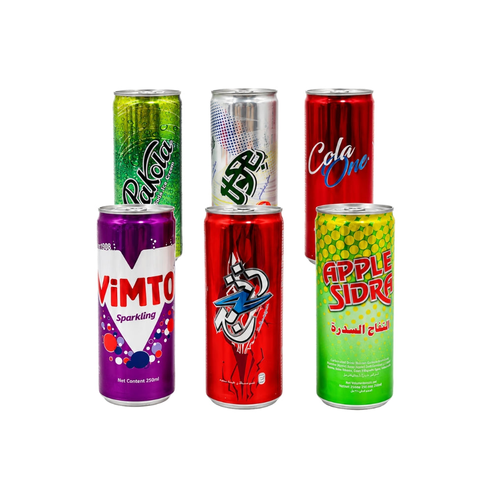 Pakola 250 ml soda cans in a lineup of six colorful designs, including Apple Sidra, Cola One, Cream Soda, and Vimto Soda