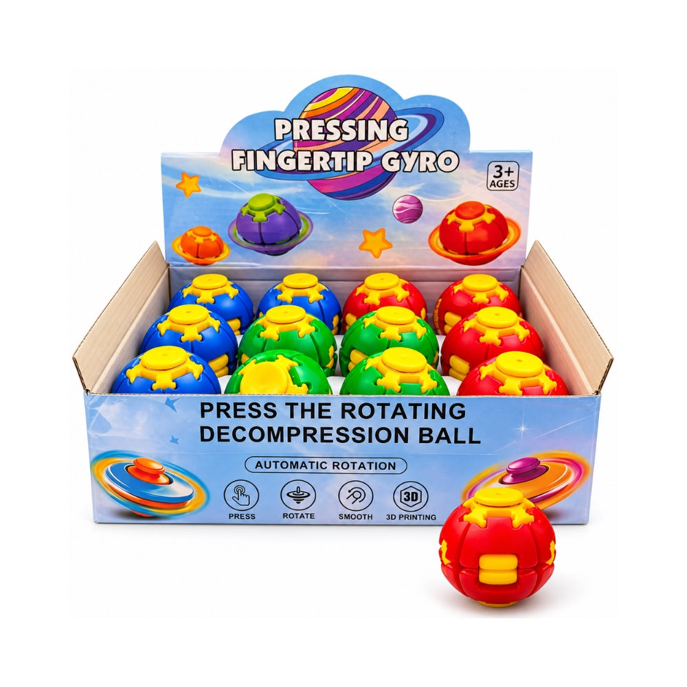 Spinner ball display box with blue, green, and red toys with yellow accents beside a red-and-yellow example