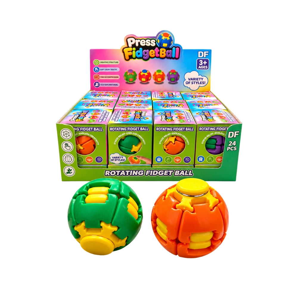 DF rotating fidget ball 24-piece display box beside green-and-yellow and orange-and-yellow segmented toys