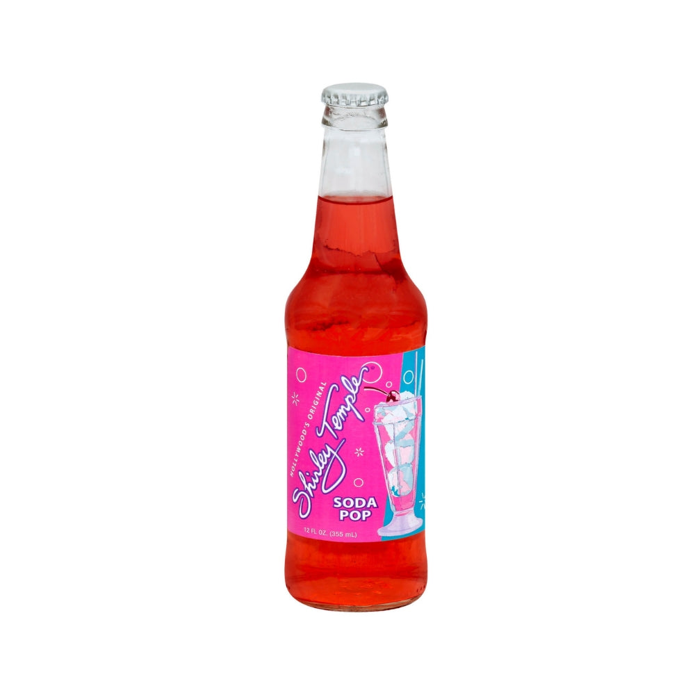 Hollywood's Original Shirley Temple Soda Pop 12 fl oz glass bottle with pink retro label, front view