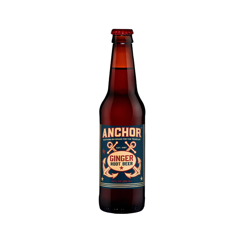 Anchor Ginger Root Beer 12 oz amber glass bottle with vintage nautical label, front view Main image