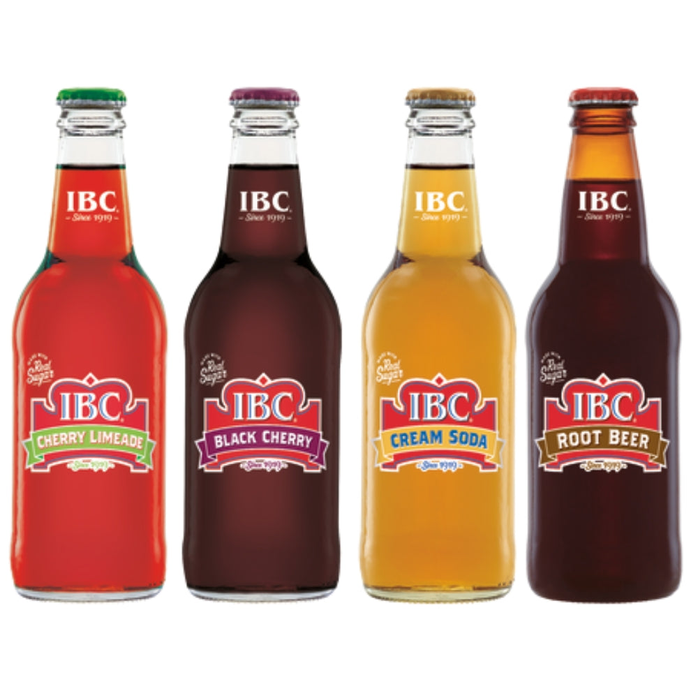 IBC craft soda variety pack — four 12 oz glass bottles: Cherry Limeade, Black Cherry, Cream Soda, Root Beer